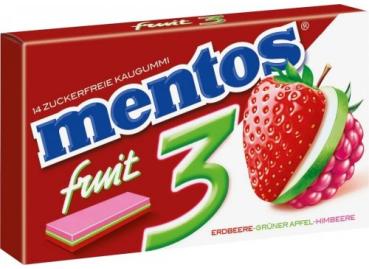 mentos - Fruit 3 Kaugummi Erdbeere-Grüner Apfel-Himbeere 14er